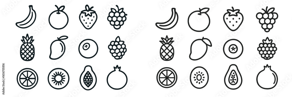 Poster colorful collection of hand-drawn fruit illustrations displayed in a grid format on a plain backgrou