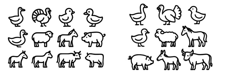 Farm animals and birds arranged in simple illustrations for educational purposes with a clear layout