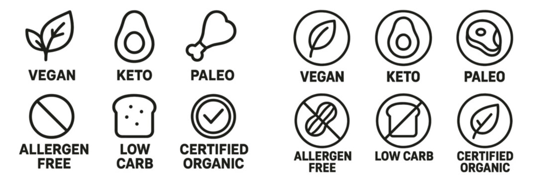 Health-focused dietary icons representing different eating lifestyles including vegan, keto, and paleo choices