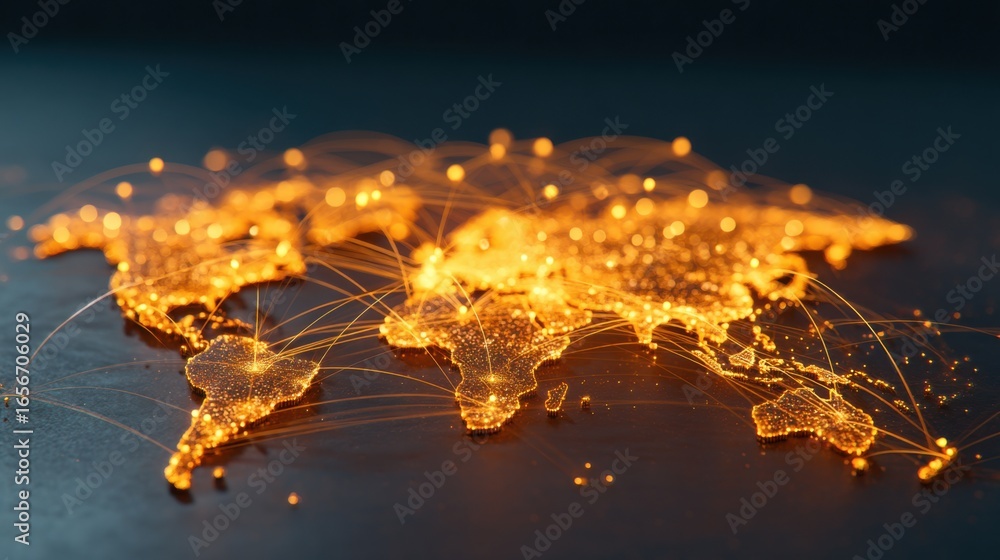 Poster a vibrant, illuminated world map showcasing global connectivity through glowing lines and nodes.