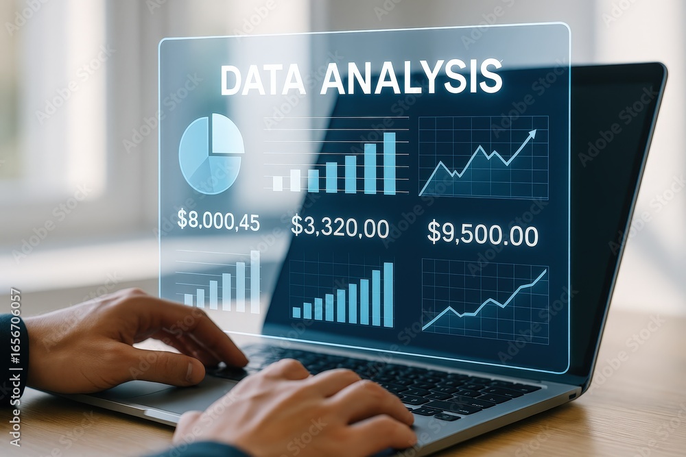 Poster hands on a laptop display showcasing financial data analysis, with various charts and graphs illustr