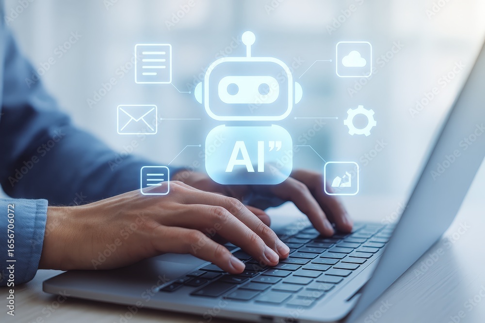 Poster hands typing on a laptop, showcasing an ai robot icon overlayed with digital technology interface el