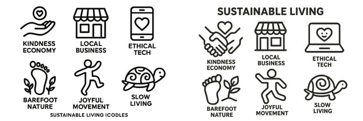 Exploring the concept of sustainable living through icons representing kindness, local business, and joyful movement