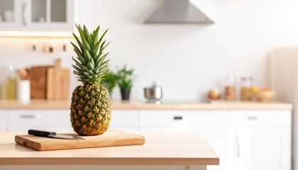 A fresh pineapple, accompanied by a sharp knife rests on a wooden cutting board, creating a visually appealing still life within a bright kitchen setting.