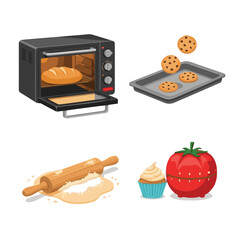 Baking Vector Set: Oven, Cookies, Rolling Pin, and Timer - Home Baking Equipment Graphics for Food Blog Kitchen Design.