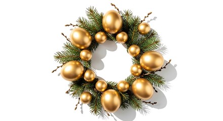 Oval easter wreath decorated with golden eggs and green fir branches isolated on white background