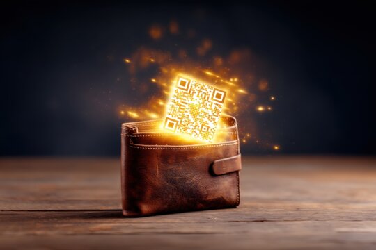 A glowing QR code emerges from a leather wallet, symbolizing digital payments and modern technology in finance.