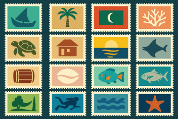 Maldives Postage Stamps Set Tropical Island Culture Icons