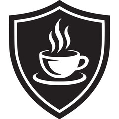 Vector art of elegant coffee shop logo featuring a steaming cup within a shield shape