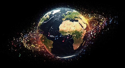 Vibrant musical notes swirl around planet Earth, symbolizing global harmony and the universal language of music, perfect for creative projects.