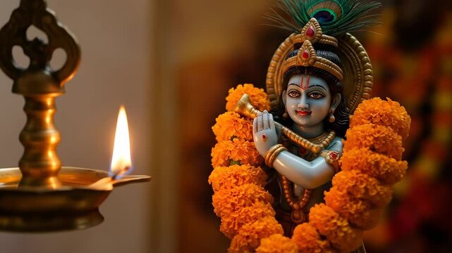 Serene Krishna statue adorned with marigold garlands, illuminated by a traditional oil lamp, evoking spiritual peace and cultural richness for devotional celebrations.