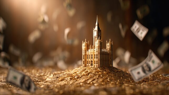 A miniature castle sits atop a mound of gold coins, surrounded by floating dollar bills, creating a whimsical, wealthy landscape.