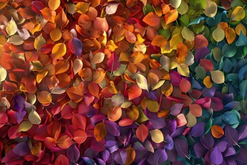 Autumn nature wallpaper showing realistic fall foliage in vivid red, orange, yellow, green, purple, and gold shades, creating a vibrant ultra-realistic seasonal background texture design