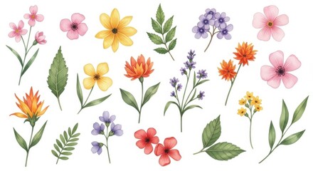 Vibrant watercolor floral collection featuring delicate blooms and lush greenery