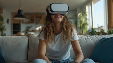 Woman enjoying virtual reality experience at home in cozy living room during daytime