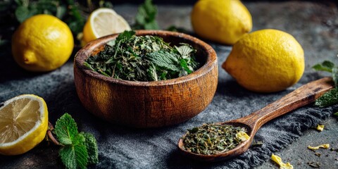 Dried herbs and citrus fruits on a dark surface