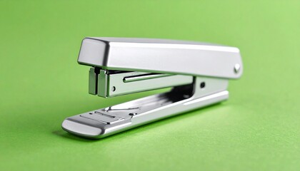 Silver stapler on green surface with sleek modern design