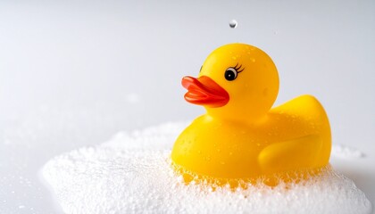 Yellow rubber duck with orange beak on white surface with water droplets