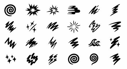 Black abstract shape icons set with grunge, spiral, starburst, and dynamic vector elements for graphic resources and creative backgrounds.