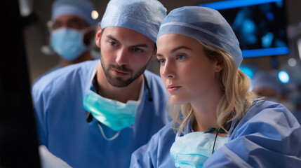 Obraz premium Surgeons Reviewing Scan Details with Intense Focus