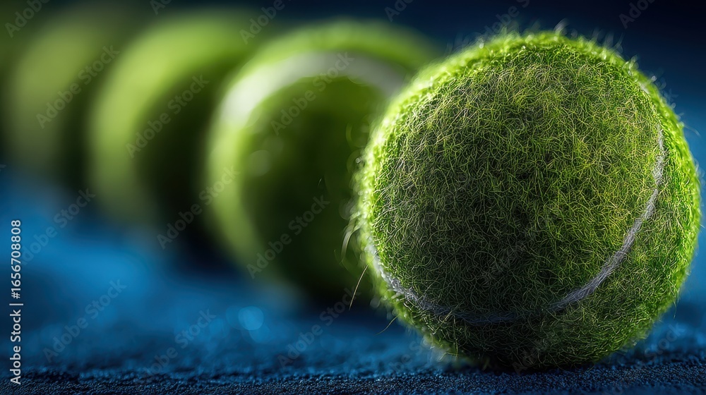 Poster a close-up image of vibrant green tennis balls arranged in a row on a textured surface, creating a s
