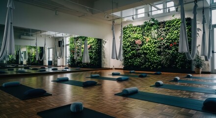 Bright yoga studio with a living wall