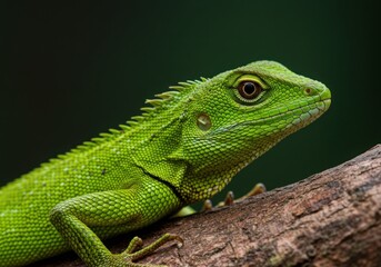 Fototapeta premium Green crested lizard resting on a branch in close up view