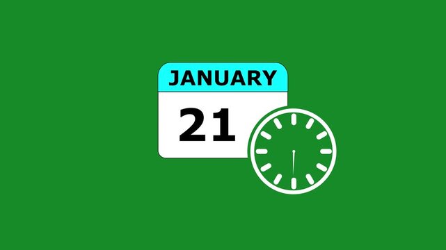 21 JANUARY month calendar icon with symbol. Simple calendar icon animation and date change of time month. Calendar icon Sign on black background. Calendar Pendulum Animation