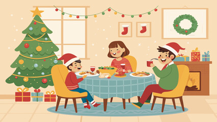 Family Enjoying Christmas Dinner Together with Festive Decorations