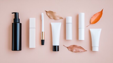 Minimalist Beauty Products Arrangement with Autumnal Leaves on Peach Backdrop