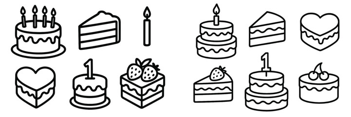 Celebratory cake designs with candles, slices, and heart shapes for birthdays and special occasions