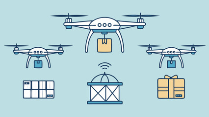Illustrated Drones Delivering Packages and Receiving Wireless Signals
