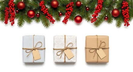 Three christmas gift boxes wrapped in festive paper with tags isolated on white background