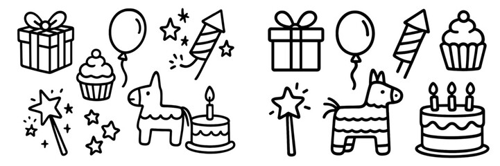 Fun birthday celebration elements featuring gifts, balloons, cake, and party decorations