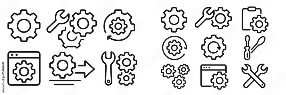 Poster icons depicting gears, tools, and mechanics illustrating engineering concepts and processes in a mod