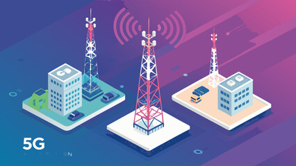 Naklejka premium Isometric Illustration of Cellular Towers and Associated Infrastructure