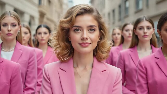 Group of young women in pink clothes outdoor. October Breast cancer awareness month - Powered by Adobe