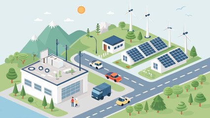Isometric Illustration of Sustainable City with Renewable Energy Sources