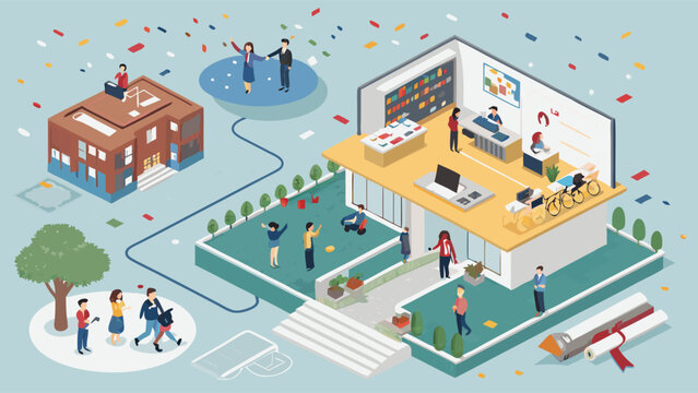 Isometric Illustration of Modern Buildings and Diverse People