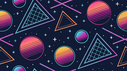 Retro Geometric Shapes and Lines on a Dark Blue Background