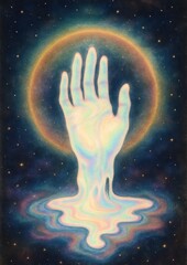 Surreal hand melting cosmos