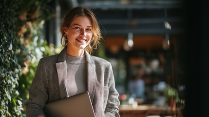 Woman smiling with laptop in cozy cafe during daytime