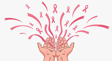 Empowering Hands Emitting Pink Ribbons, Symbolizing Hope and Support for Breast Cancer Awareness, Ideal for Fundraising Campaigns, Health Initiatives, and Community Events