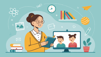 Teacher and Students in Online Learning Illustration with Computer