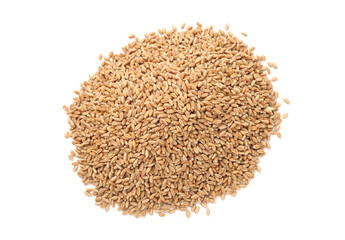 Pile of ripe wheat grains isolated on white, top view
