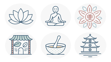 Vector Illustrations of Meditation Lotus Pagoda and Herbal Medicine Symbols
