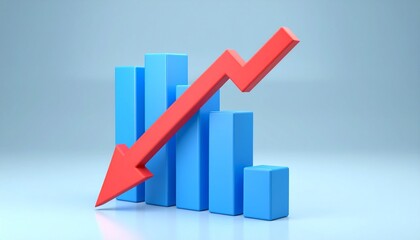 Four-bar graph with red downward arrow on light blue background