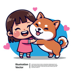 Adorable girl hugging happy Shiba Inu dog, cartoon illustration, love and friendship concept