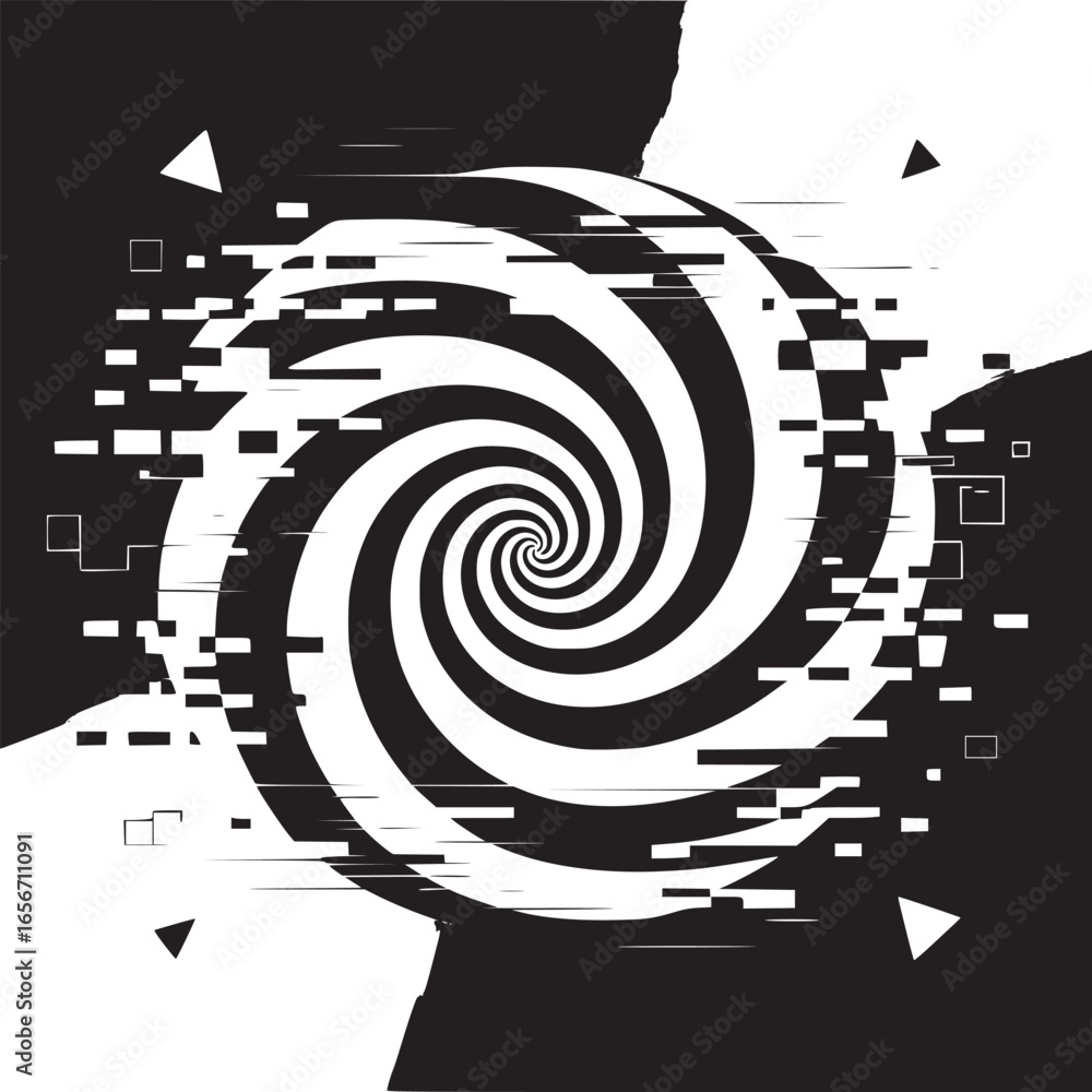 Poster vector art of hypnotic black and white spiral design with geometric shapes creating a visually appea