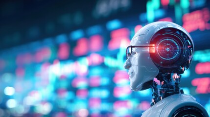 A futuristic robot stands against a backdrop of vibrant, digital stock market data, symbolizing advanced technology and AI in finance.